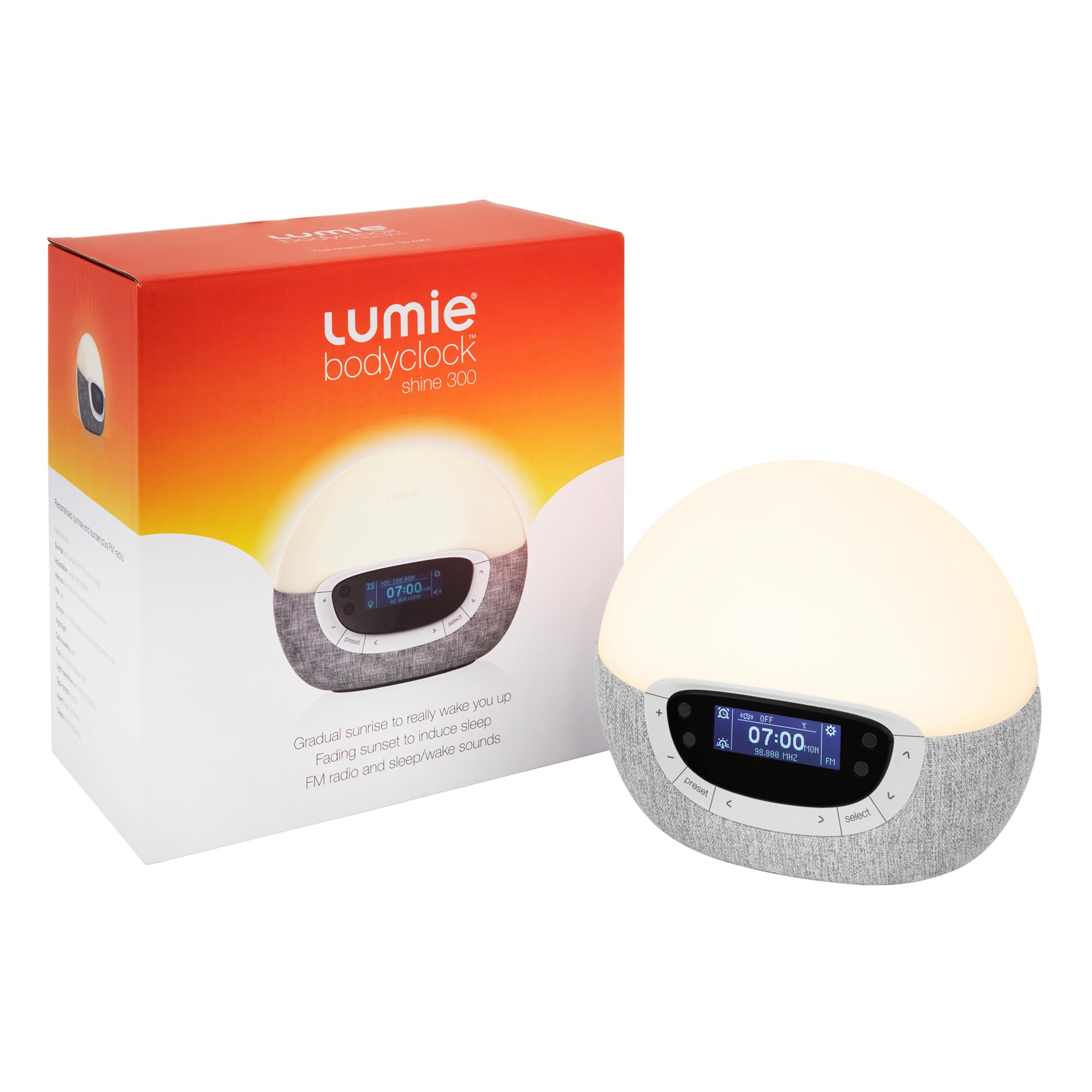 Lumie Bodyclock Shine 300 - Despertador con Luz, Simulación de Amanecer y Atardecer Graduales, 14 Sonidos, Luz Regulable, Radio FM