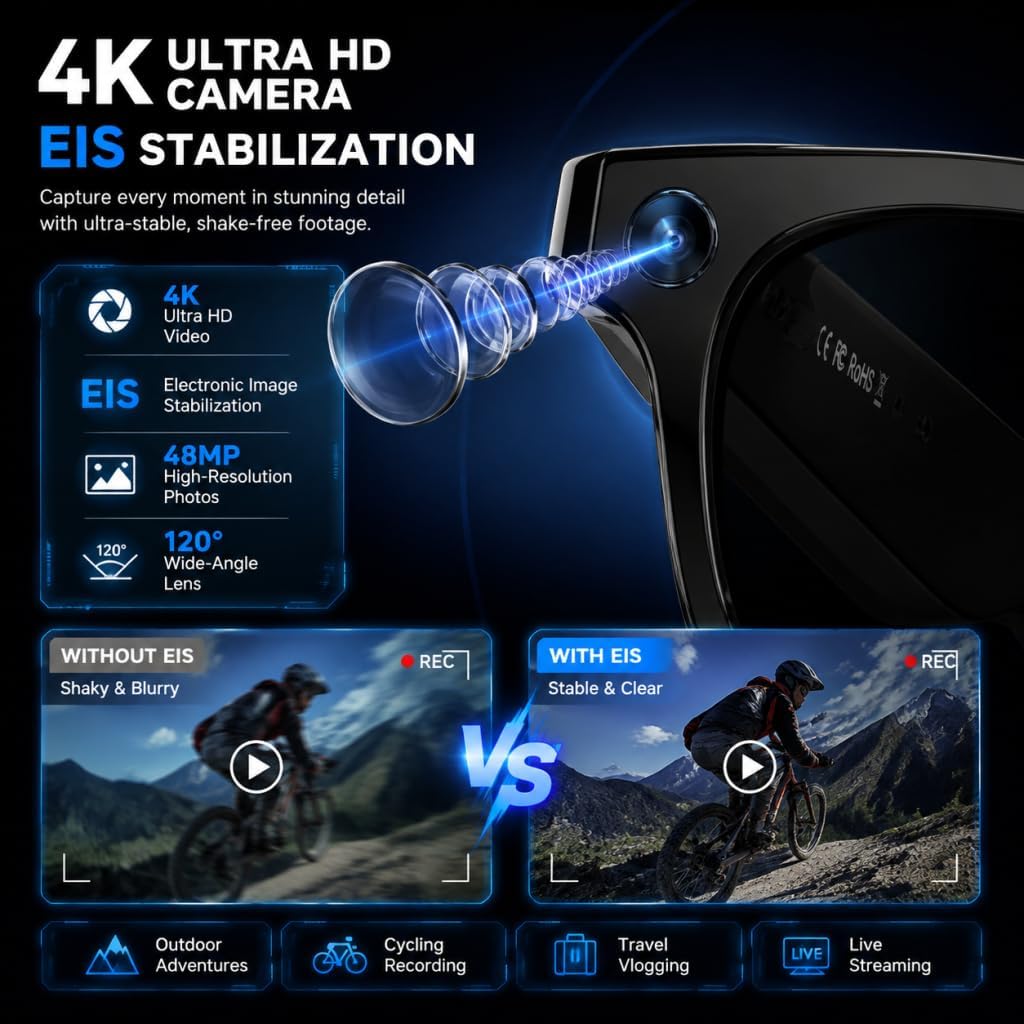 Smart Camera Glasses, 4K Video EIS Stabilization, AI Real-Time Translation, Voice Assistant, WiFi Transfer, IP66 Water Resistant, Audio Recorder for Vlogging Travel (Blue Light Protection) image 3