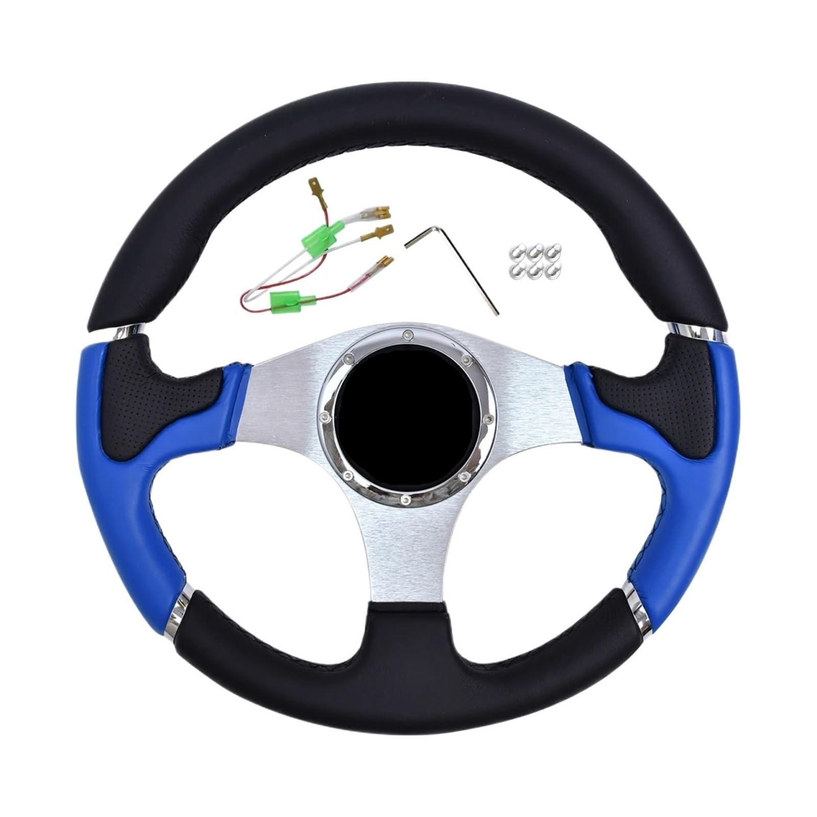 Volante da corsa classico in pelle blu da 350 mm, staffa argentata, misura universale per auto sportive, drift e uso su strada, impugnatura antiscivolo e design elegante