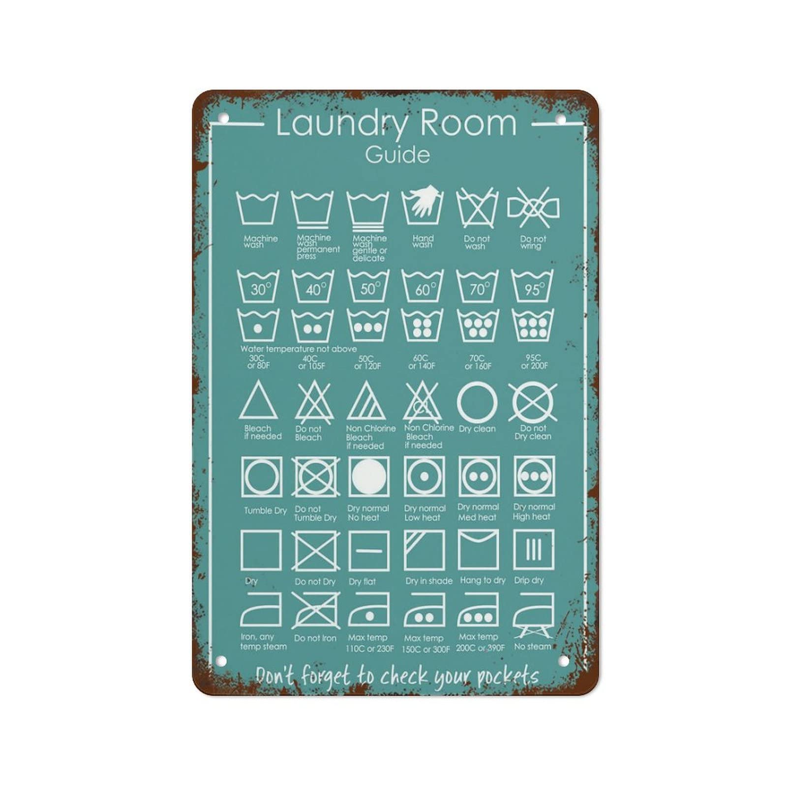 Simple Laundry Instructions Guide Laundry Symbols Poster Laundry Care Print Retro Metal Tin Sign Vintage Aluminum Sign For Home Bathroom Garden Man Cave Bar Coffee Wall Decor 12x16 Inch