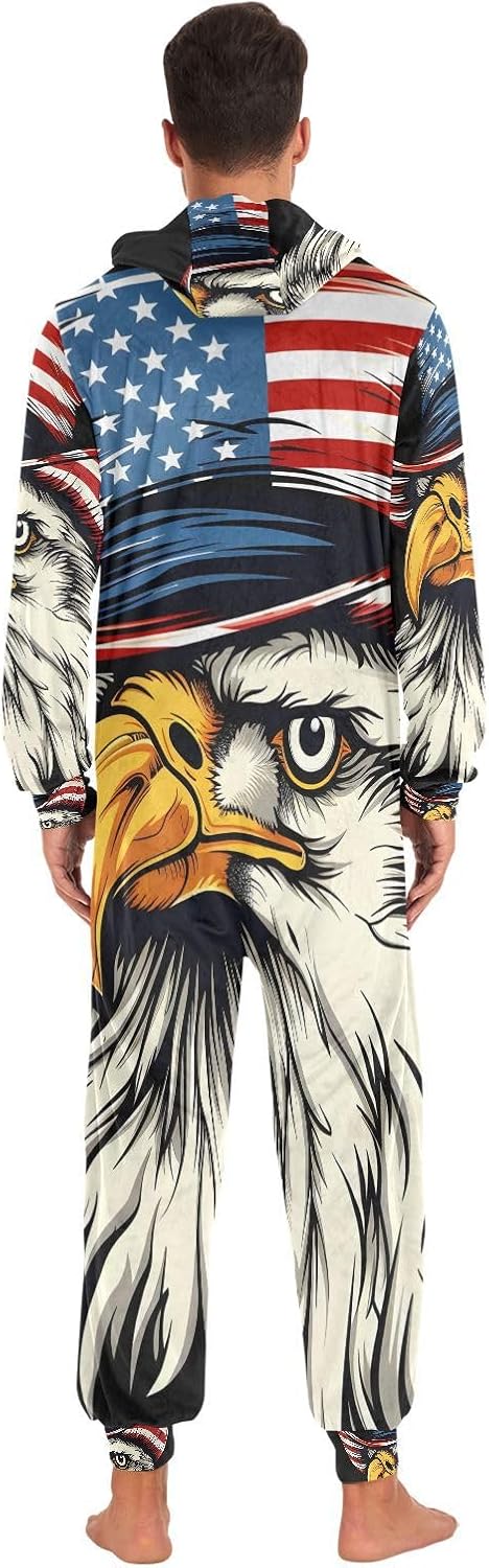 Hat Bald Eagle Flag Adult Onesie Pajamas for Unisex Novelty One Piece Costume Sleepwear