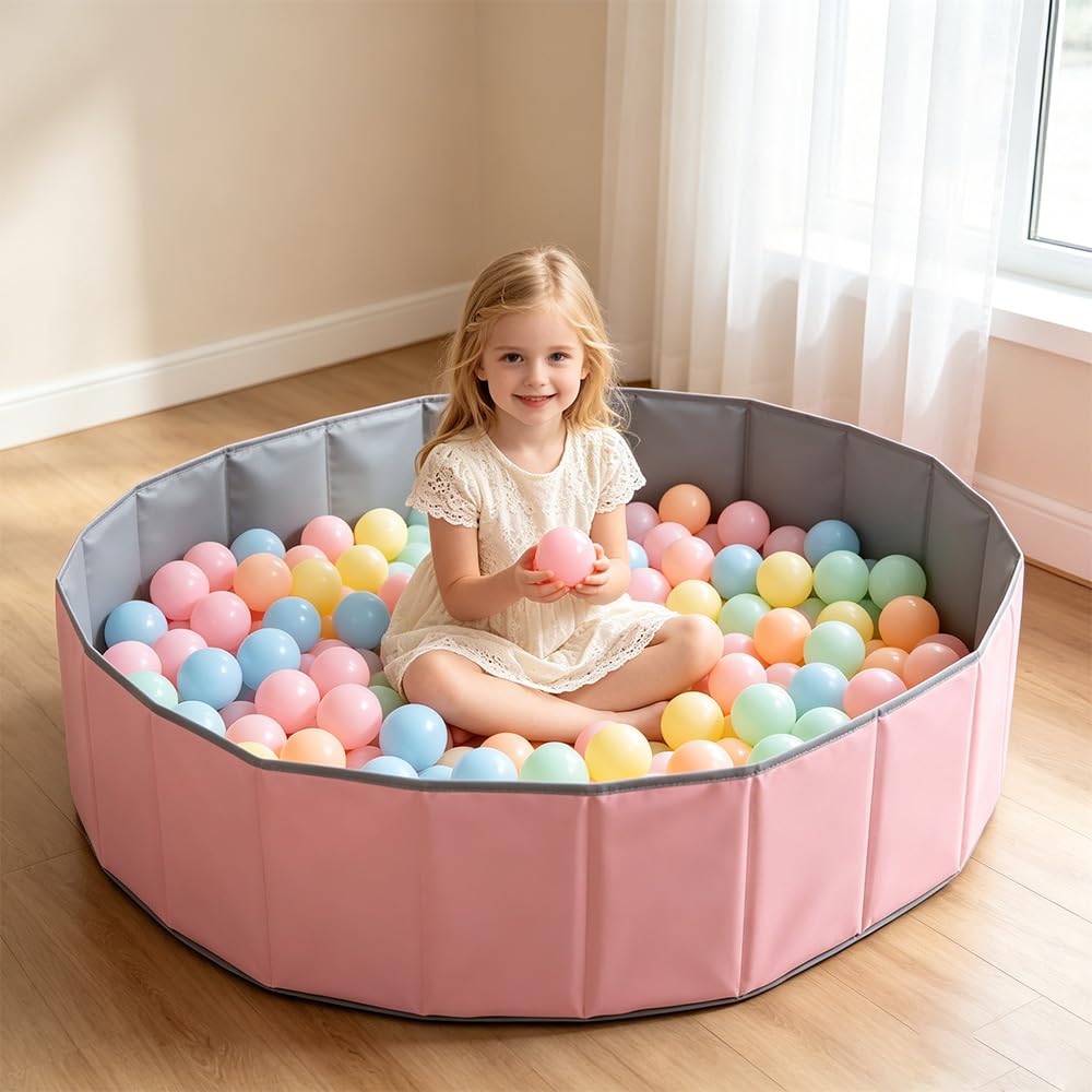 Baby Ball Pit, Foldable Ball Pit, 100cm Portable Ocean Ball Pits, Foldable Kids Ball Pool for Baby Toddler Boys Girls Dogs Cats Indoor Outdoor Garden, Pink