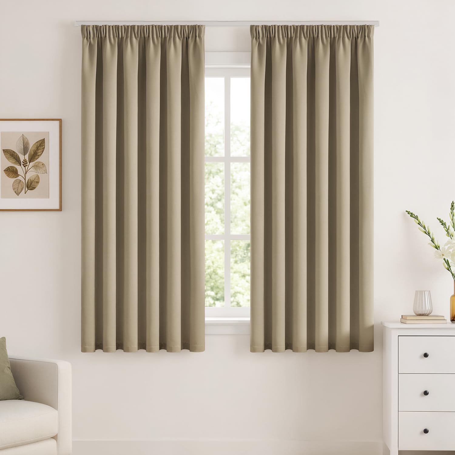 Woaboy Thermovorhang Gardinen Kräuselband Verdunklungsvorhänge Taupe | 2er Set 140*175cm Verdunklungsvorhänge mit Kräuselband, isolierend gegen Kälte für Wohnzimmer und Schlafzimmer ,für Schiene