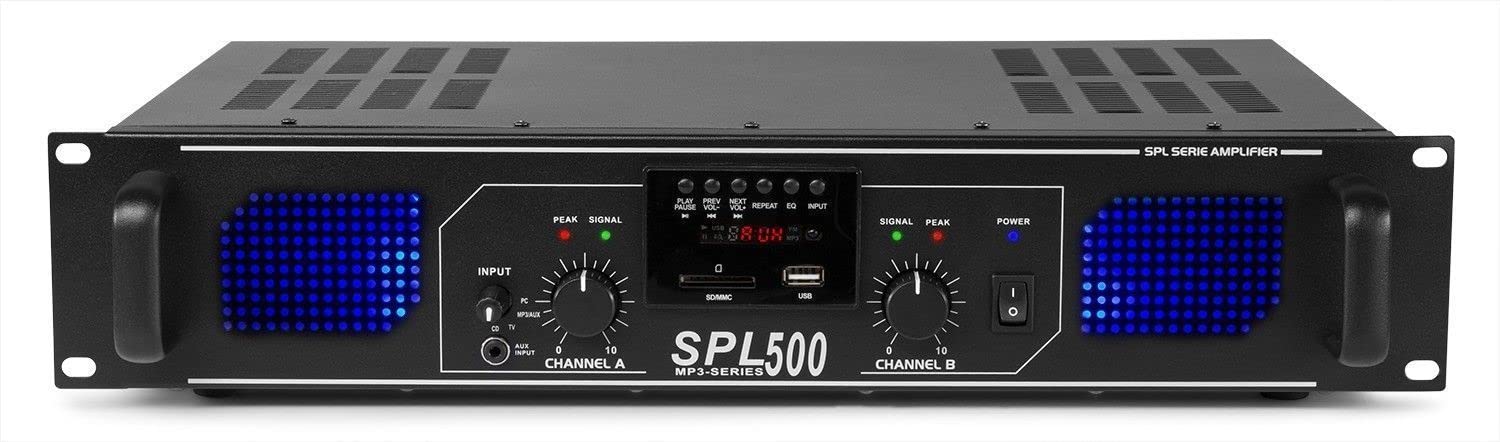 Skytec SPL500MP3 - Amplificateur professionnel, 2X 250 Watts Noir, SD, MP3, USB idéal pour une utilisation mobile, DJ, HIFI, Home Cinéma