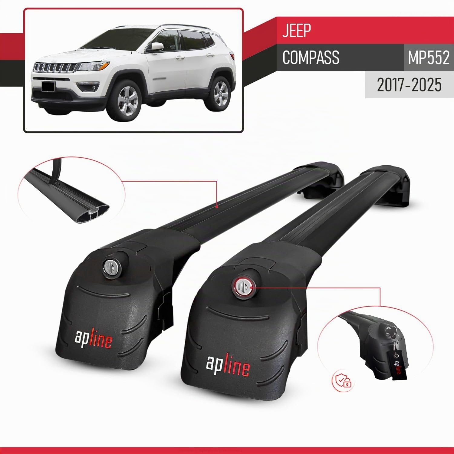 Compatible con Jeep Compass (MP552) 2017-2025 Modelo Ace-2 Barra de Techo Auto Portaequipajes Barras Transversales Negro Aluminio 2 Barras