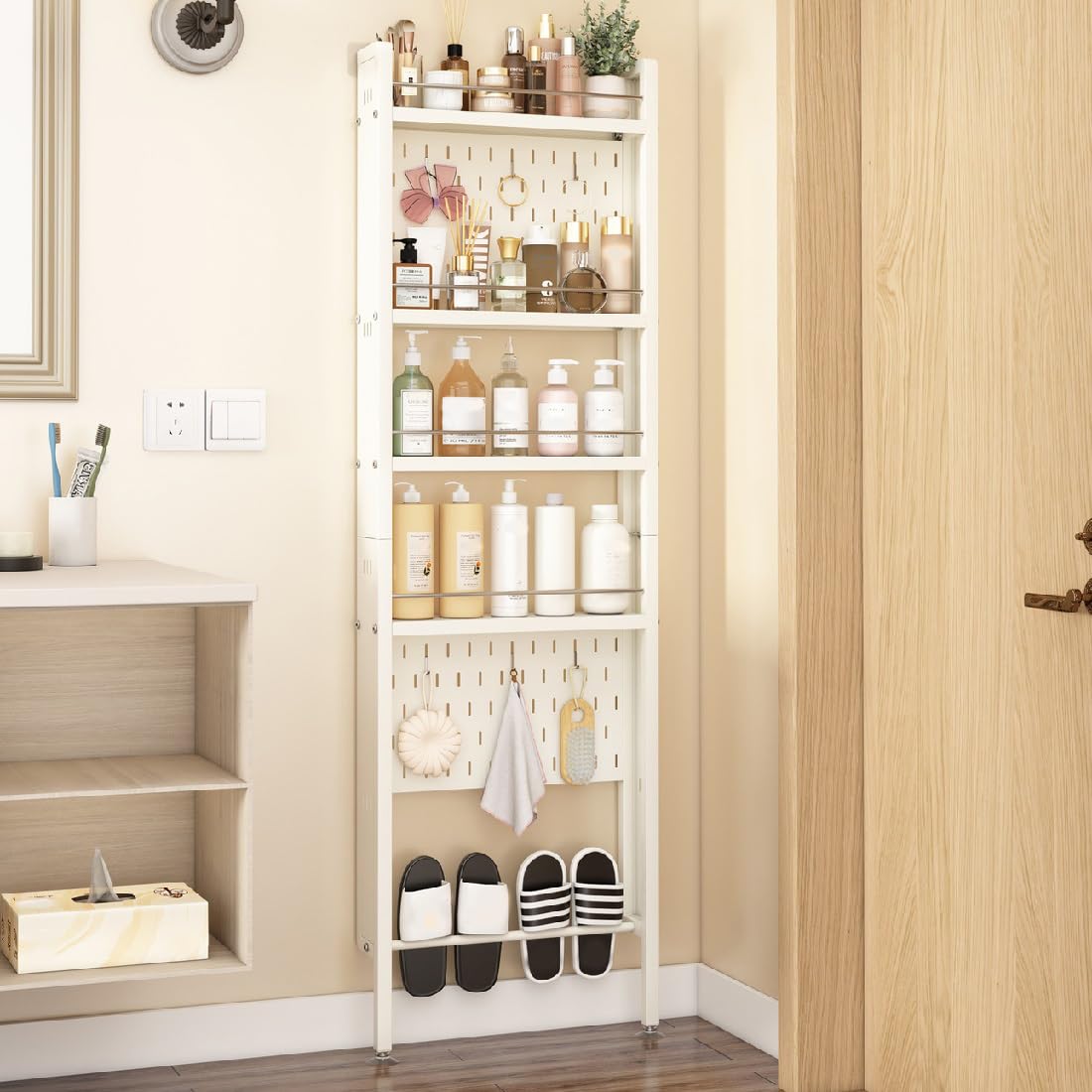 TrueyEssence Behind The Door Storage Rack 5 Tiers Shower Caddy Metal Spice Rack Pantry Organizer Floorstanding Slim Shelf