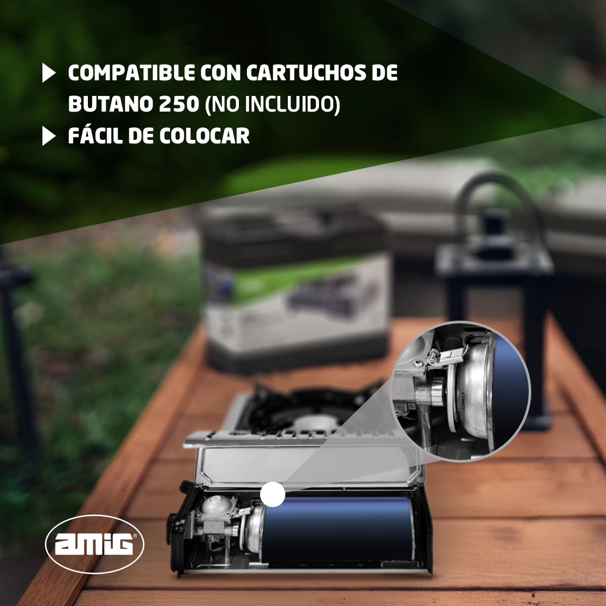 Amig - Hornillo Camping Gas - Cocina Portátil Camp01-2,2 kW Potencia - Parabrisas y Soporte Sartén - Certificación CE - Compatible Botellas CP 250 (No incluída) - Excursiones - Acero Inoxidable