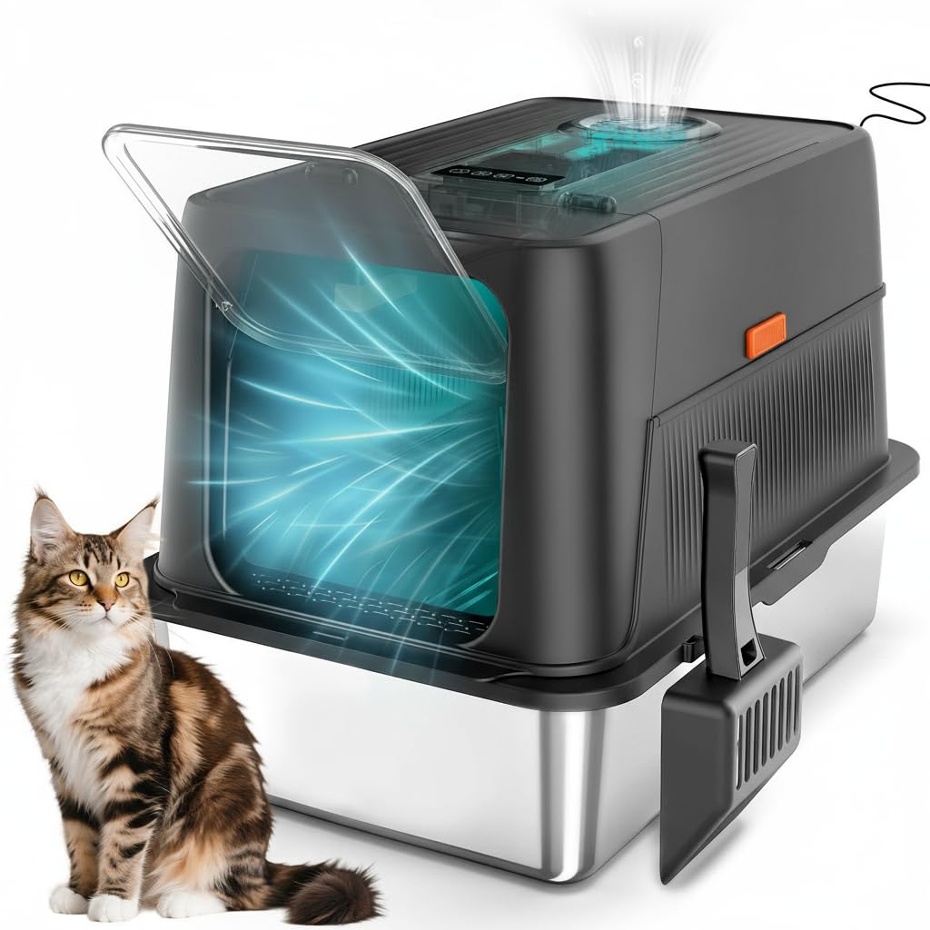 猫 トイレ 自動脱臭 大型 深型 猫砂盆 本体 ステンレス 自動空気清浄機能付き Amazon | [MOOBOT] 猫 トイレ 自動脱臭 大型 深型 猫砂盆 本体