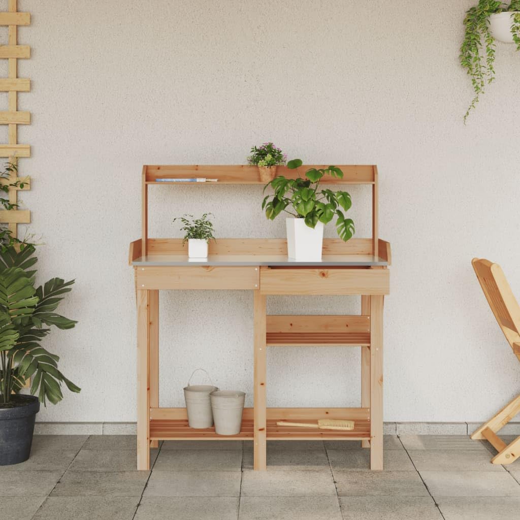 Rantry Mesa de jardín para plantas, mesa de jardín, mesa de jardinería, mesa para plantas de madera, mesa para plantas con estantes y cajones, mesa de trabajo de jardín, encimera galvanizada, color