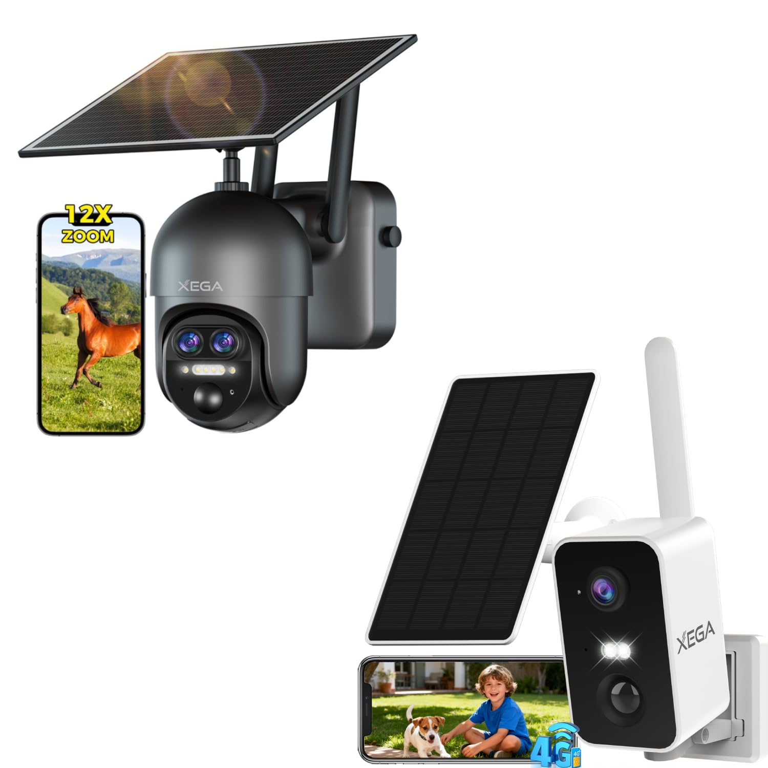 Xega 4G LTE 【12X Zoom Híbrido】 Cámara Vigilancia Exterior con SIM, Batería 10000mAh 4G LTE Camara Vigilancia Exterior con Tarjeta SIM, Detección Humana, 2K HD Color Visión Nocturna, Audio de 2 Vías