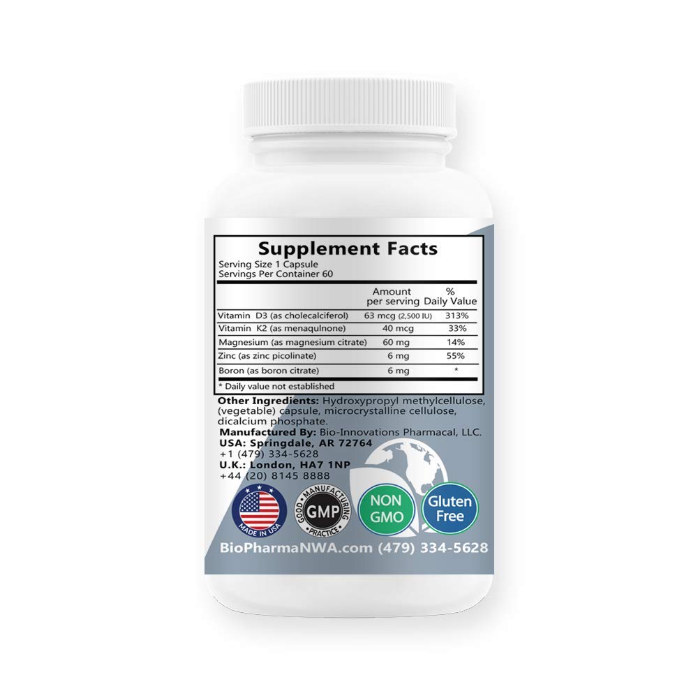 BioInnovations BioD3Plus, Vitamin D3 Plus Vitamin K2 Magnesium Zinc & Boron, 60 Vegetable