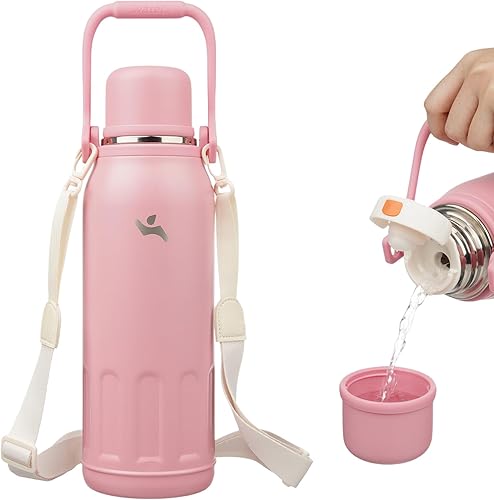 Botella de agua aislada con asa y correa, vaso de viaje al vacío con tapa de taza, taza de café térmica para bebidas frías y calientes, 50 onzas,