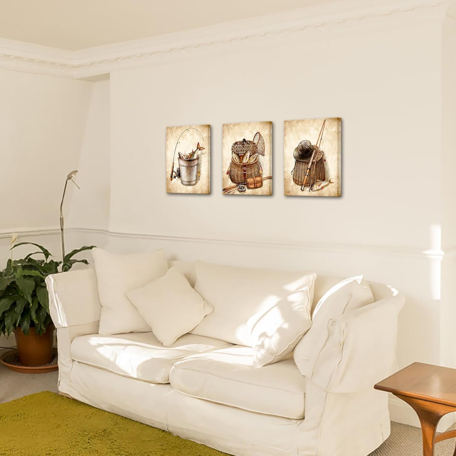 KREATIVE ARTS Vintage 3 Piece Canvas Set, Rustic Fishing Décor with Rod, Reel & Lures Patent Prints - Fishing Accessories for Lake or Mountain Cabin, Bedroom, 12x16” Panels - Image 4