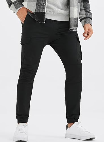 Miniatura 7 de JMIERR Pantalones cargo de moda para hombre, casuales, de algodón, elásticos, de sarga con cordón, pantalones deportivos con 6 bolsillos
