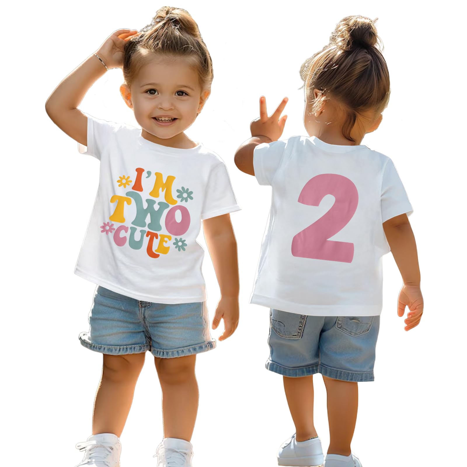 T-shirt 2ème anniversaire pour fille « I'm Two Cute » Imprimante Chemise Deuxième Anniversaire Chemises Fête d'anniversaire Vêtements Été Manches Courtes Haut Doux Col Rond T-shirt 2 Ans Enfants Outfi