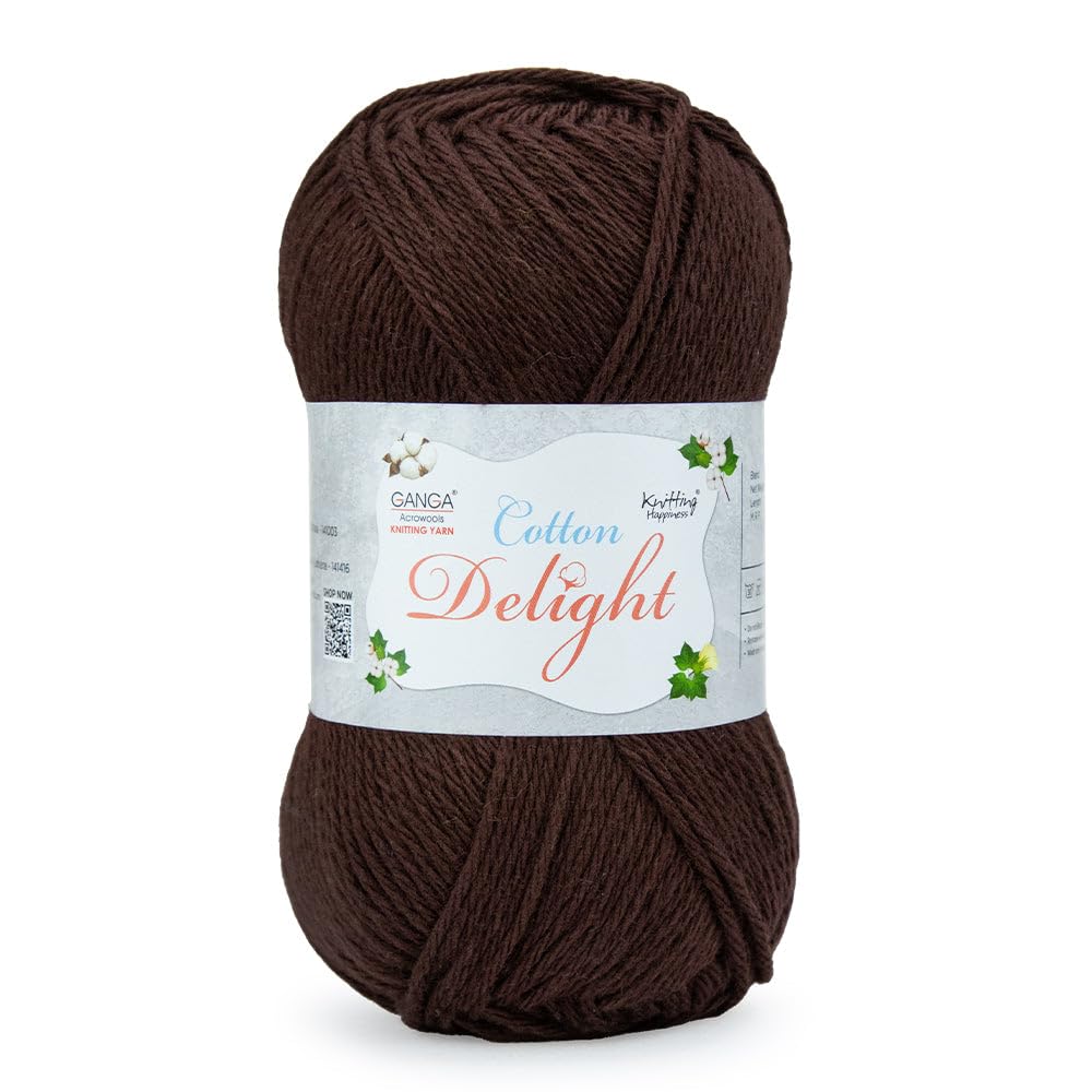 Ganga Acrowools Cotton Delight, Dk Weight Cotton Yarn, Oekotex Class L Certified 100G, 169M (A Deep Chocolate)