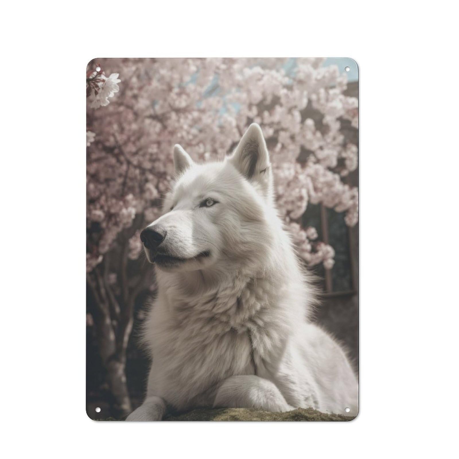 Junmoney White Wolf Cherry Blossom Tin Wall Plaque 40X30cm With For Guest Room Or Hallway, For Hallway Wall Decor Fans