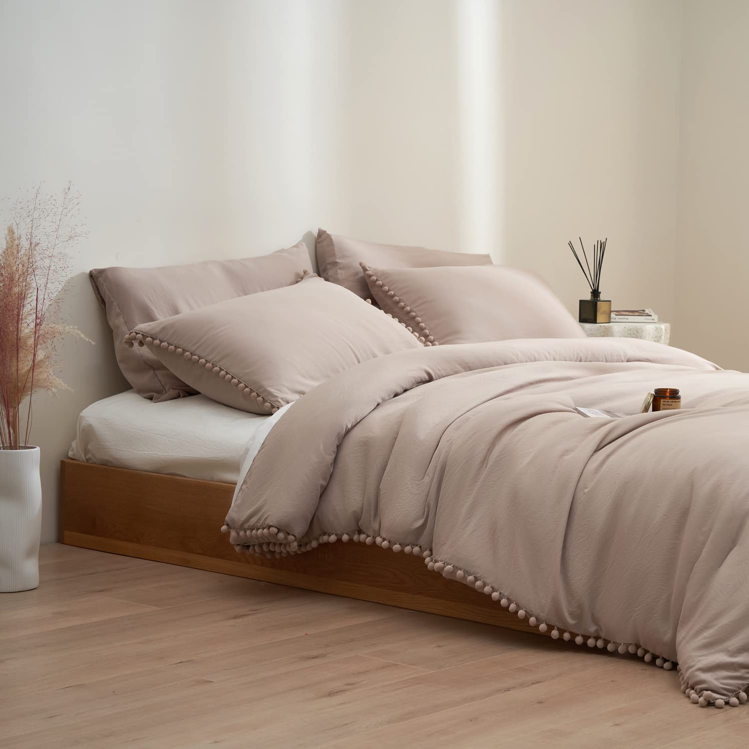 MUKKA King Comforter Set 5-Piece Comforter Set King Size Khaki, Boho Pom Pom Fringe Comforter Set King Size Tan, Bedding Comforter Set Taupe with 2