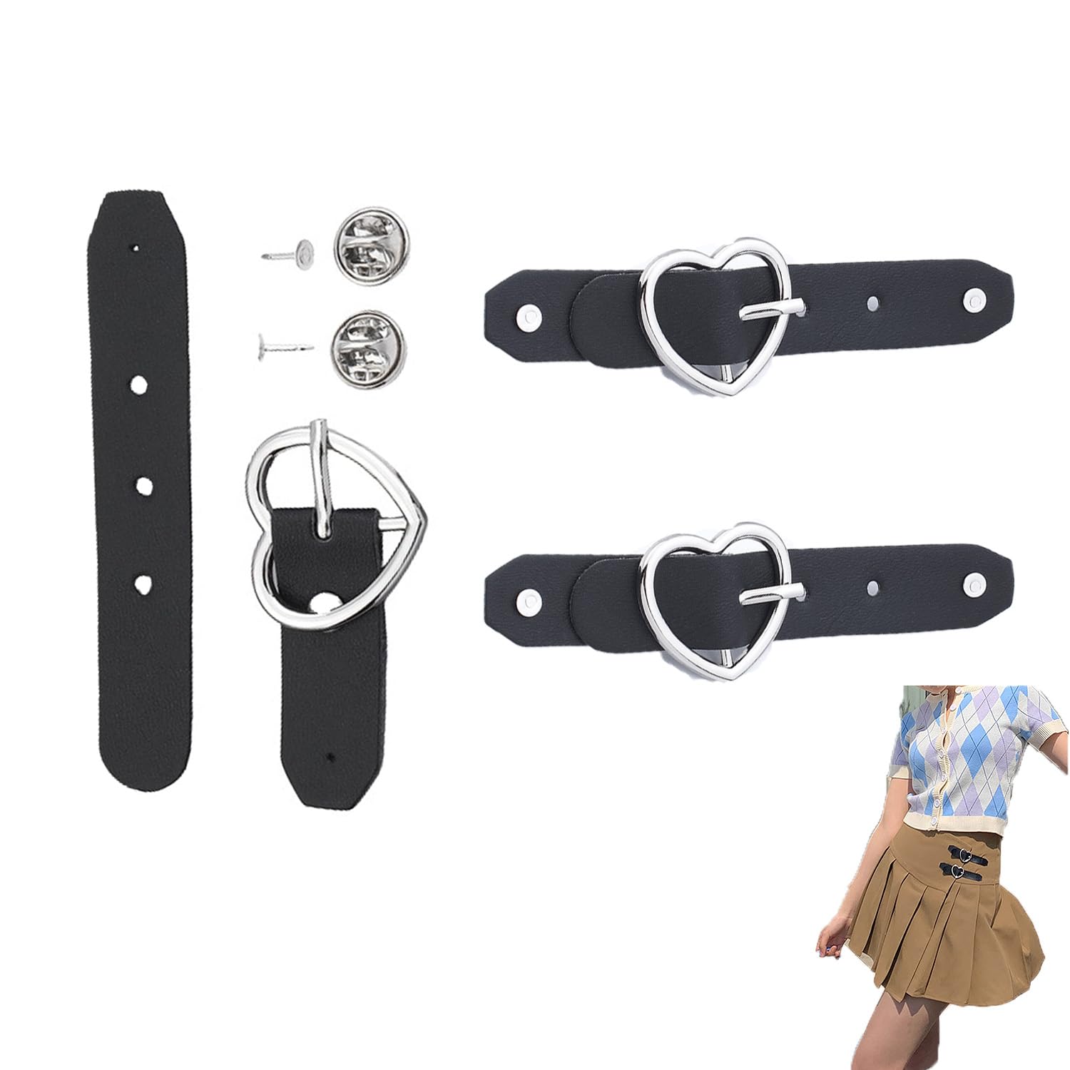 3 Set Skirt Side Strap Buckle Belt Detachable PU Leather Heart Decorative Parts for High Low Waist Pleated Skirts Split Hem Punk Slit Studded Ruffle Club DIY Clothing