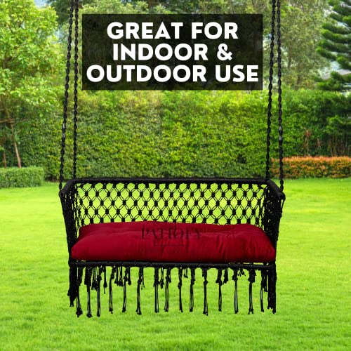 Image of Patiofy Double Seater Swing Chair Arm Rest /Hanging Hammock For 2 People /Jhula Adults /2 Balcony /200Kg Weight Holding Capacity /Hanging Kit & Cushion Included-Black - Polyester