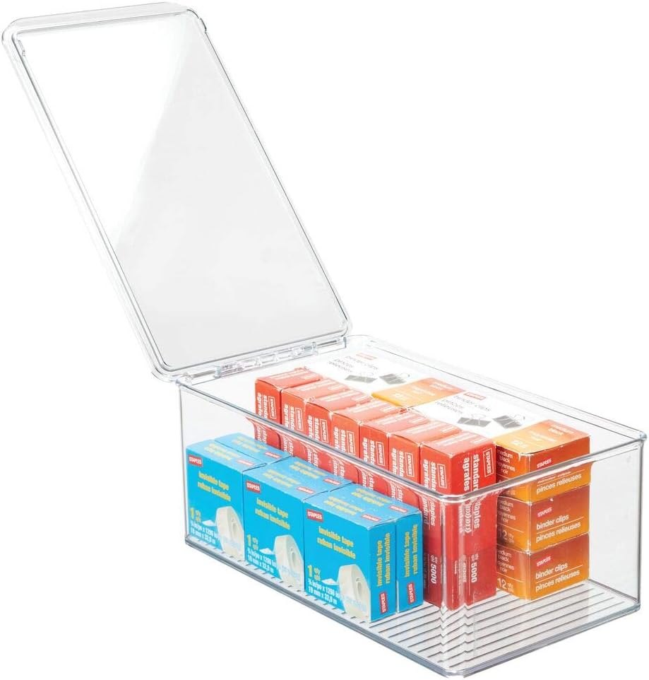 mDesign Plastic Stackable Box for Home, Office Supplies Storage Organizer with Attached Hinged Lid - Holder Container Bin for Note Pads, Gel Pens, Staples, Dry Erase Markers, Tape - 5" High - Clear : Office Products