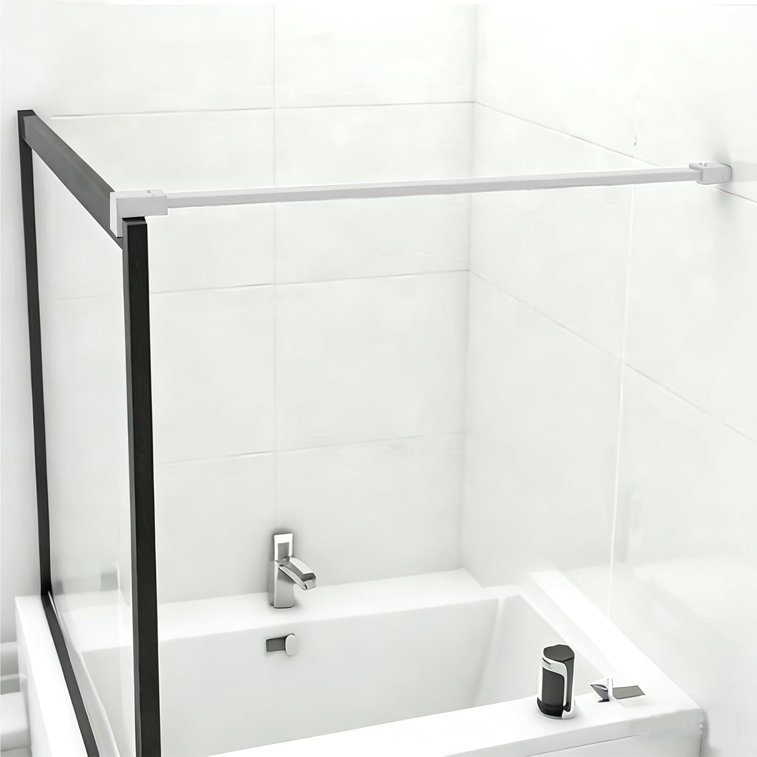 White Bathtub Shower Screens Support Bar 60/70/80/100/120/140/150 Cm Length, Stainless Steel Framed Glass Door Brace with Clamp, Adjustable Glass Fixed Rod(L 90cm/35.4in)