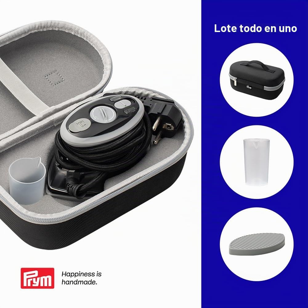 Prym Mini plancha de vapor negra con bandeja de silicona y estuche de almacenamiento, 400 W, temperatura ajustable (110 – 240 V), ideal para costura, patchwork y viajes