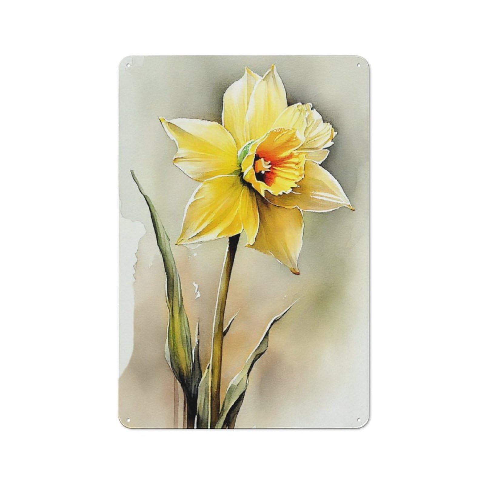 Tin Wall Plaque 30x20cm with Daffodil Watercolor Art for Pub Or Café, with Clear Vintage Wall Decor Character