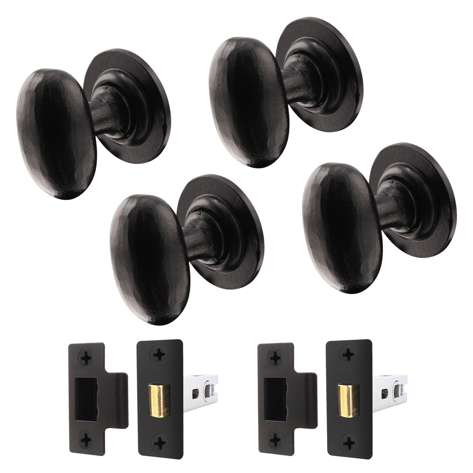 EAI Black Iron Door Knob Set - 2 Pairs of Cast Iron Antique Oval Mortice Knobs & Latches (76mm)