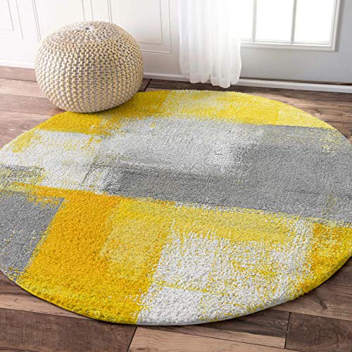AmbeHome Round Fluffy Soft Area Rugs, Abstract Yellow and Grey Painting Circle Rug Fluffy Carpet, Shaggy Floor Mat Furry Large Rug for Living Room Bedroom Home Decor, 4ft Artwork Street Painting