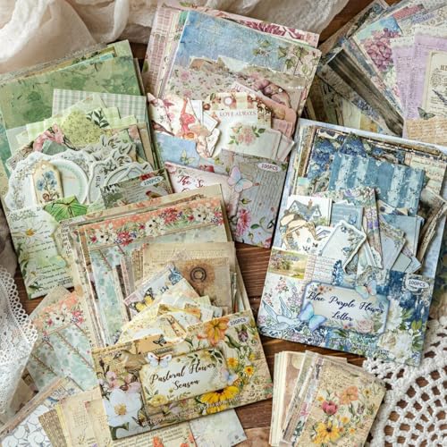 Image of HASTHIP200 Styles Vintage Aesthetic Scrapbook Kit - 400pcs Floral Vintage Floral Scrapbook Paper Kit Decorative Craft Paper Junk Journaling Stickers Set Assorted for Journaling Scrapbooking Card Make