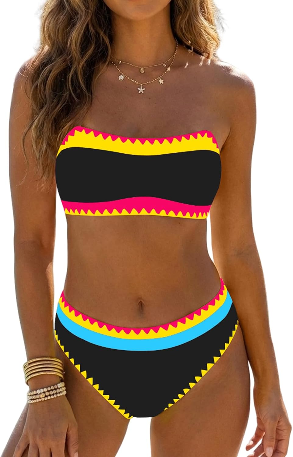 Sexybody Women's Bandeau Bikini Strapless Bikini Neon Color Block Two Piece Whip Stitch Trim Bathing Suits