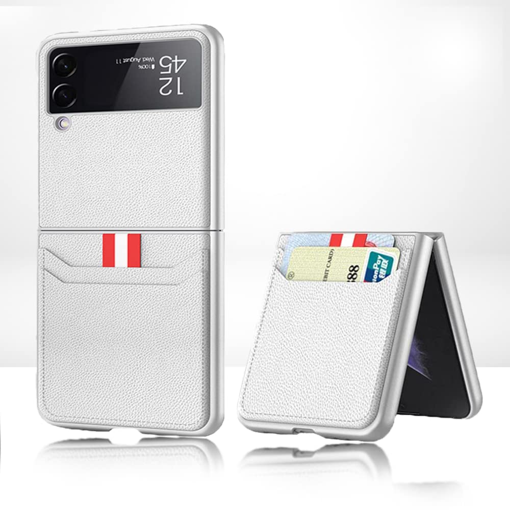 AWH Samsung Flip 3 Case, Galaxy Flip 3 5G Case with Leather Wallet Card Holder Phone Case Compatible with Samsung Galaxy Z Flip 3 5G (Silver)