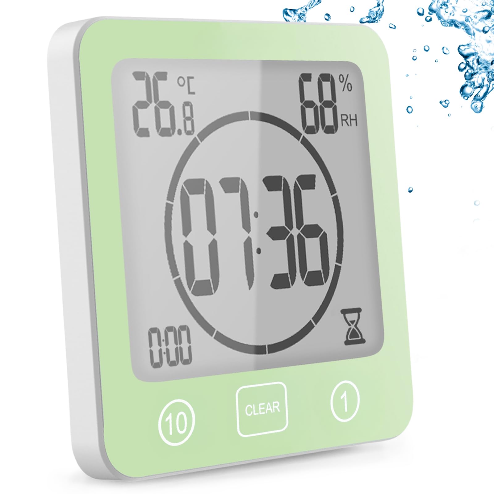 YiChZhe Bathroom Alarm Clock Bath Timer Waterproof Digital Bathroom Clock Shower with Hygrometer and Thermometer, LCD Display, Countdown Timer, for Shower, Kitchen, Family Everyday, White，Green