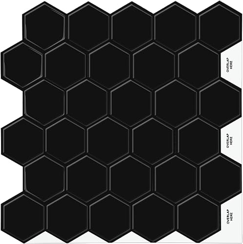 Azulejos hexagonales negros para despegar y pegar, 12 x 12 pulgadas, adhesivo 3D autoadhesivo para pared de cocina y baño (10 hojas)