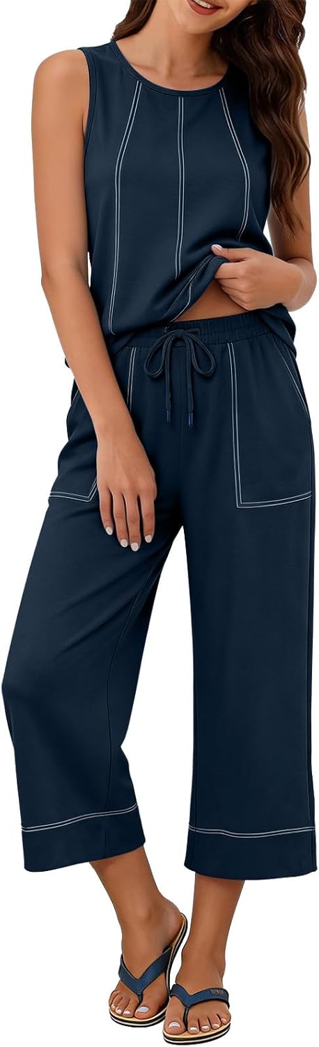 2 Piece Sets for Women Summer Outfits Sleeveless Tanks Capri Lounge Set Beach Vacation Airport Travel Matching Sets