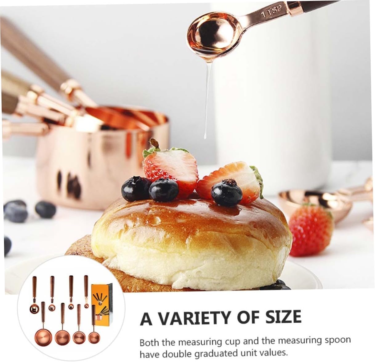 Cabilock Stainless Steel Measuring Cup and Spoons Walnut Handle Kitchen Tool Multifunctional Rose Gold