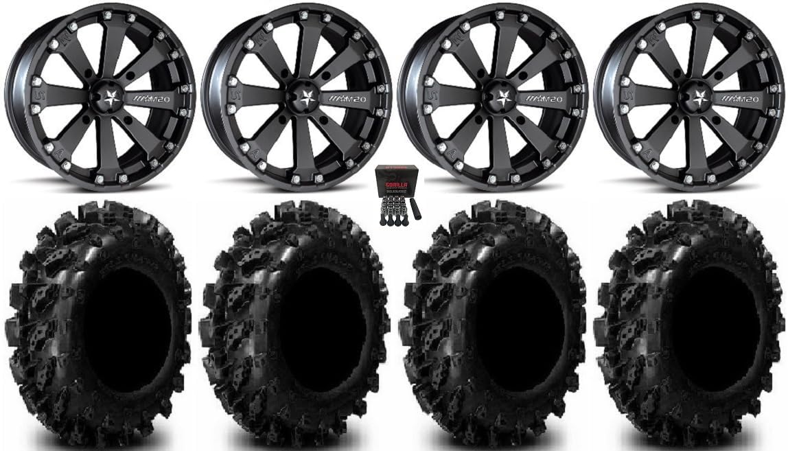 Bundle - 9 Items: MSA Black Kore 14" ATV Wheels 28" Swamp Lite Tires [4x137 Bolt Pattern 12mmx1.25 Lug Kit]