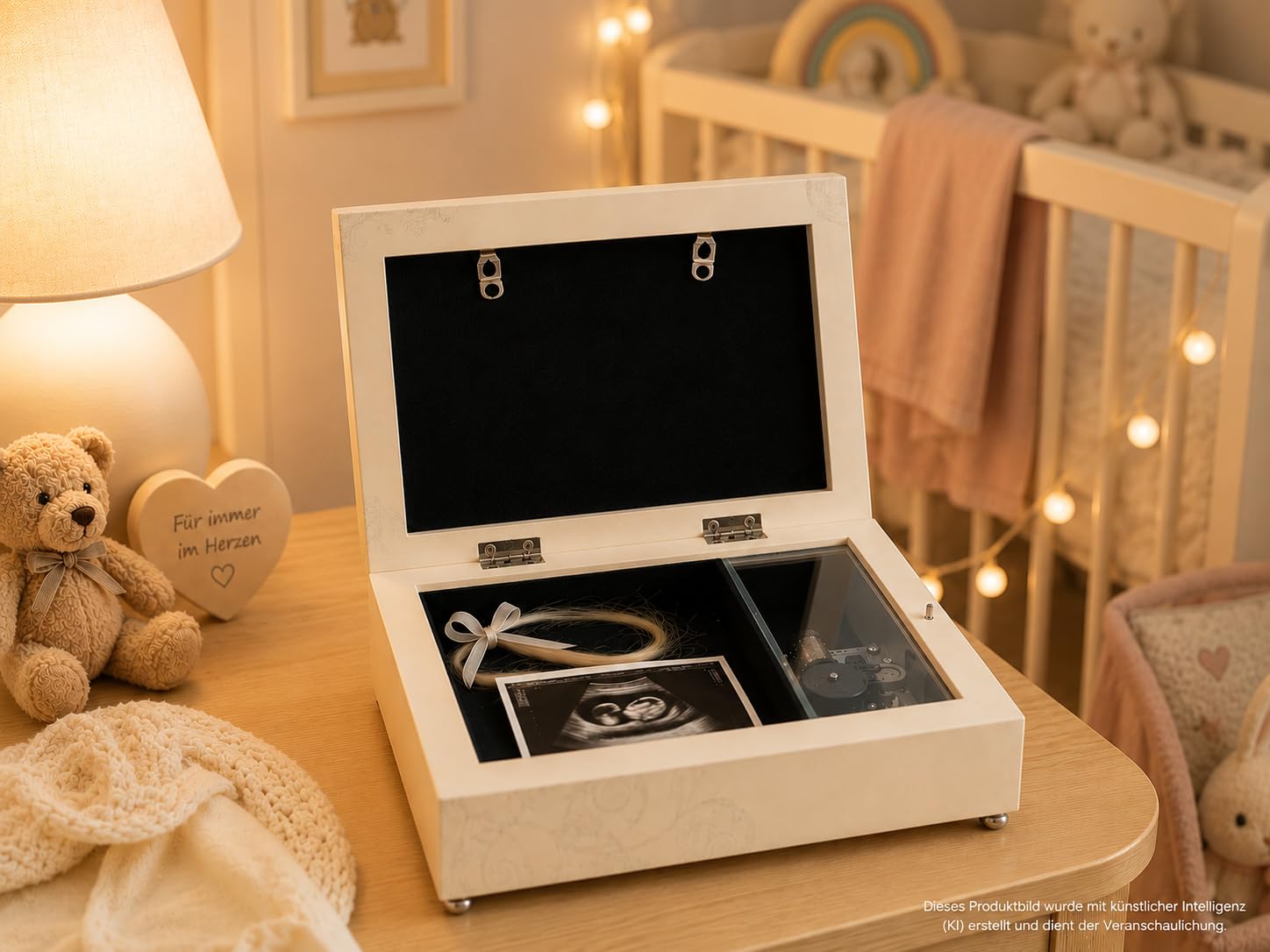Scatola dei ricordi per bambini con carillon e scomparto per foto, personalizzabile, bianco caldo