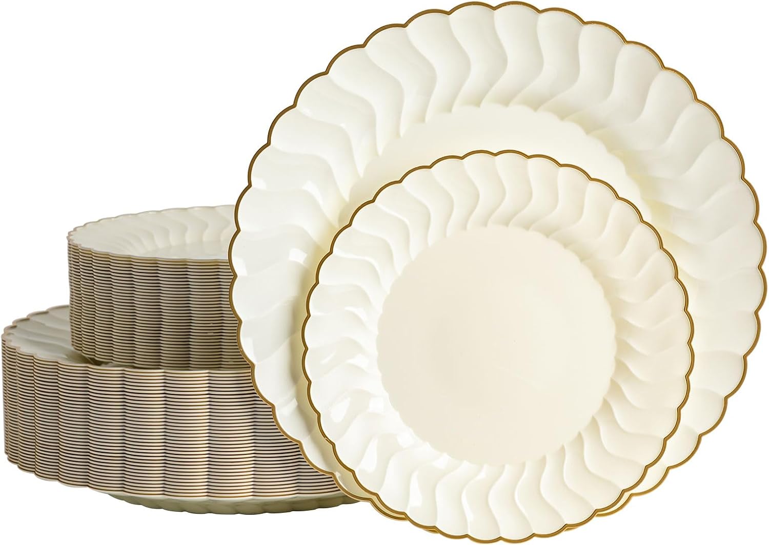 80pcs Ivory Thanksgiving Plastic Plates With Gold Rim, 10in Dinner Plate and 7in Dessert Plate Disposable Elegant Scalloped Plates for Party, Wedding