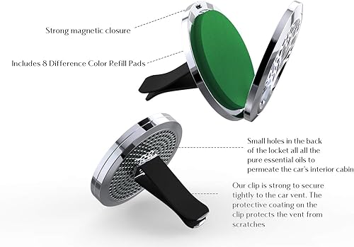 Wild Essentials - Difusor de ventilación de coche de aceite esencial de araña cromada negra, colgante de medallón de acero inoxidable con 8