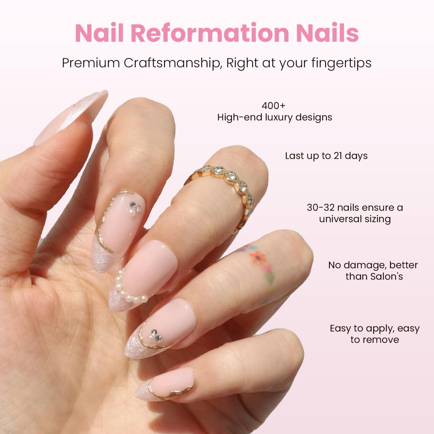 Nail Reformation Press on Nails French Tip Nude Medium Mandel Fake Nails mit Perle & funkelnden Edelsteinen in glänzendem Finish, Salon-Qualität, wiederverwendbare Nägel zum Aufkleben in 15 Größen