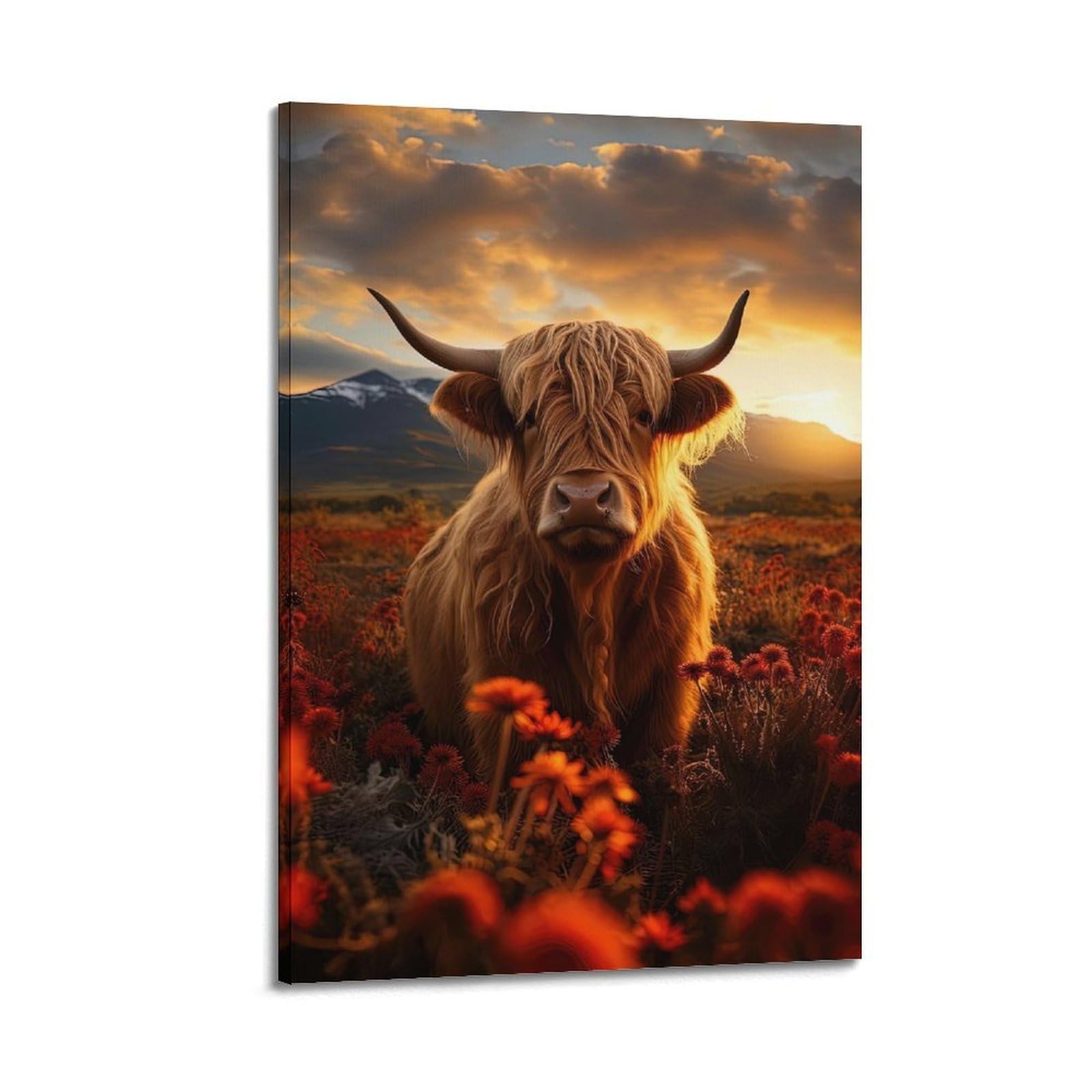 ESTE Highland Cow Animal Flowers Artwork Poster Decorative Painting Canvas Modern Art Picture 20x30inch(50x75cm)