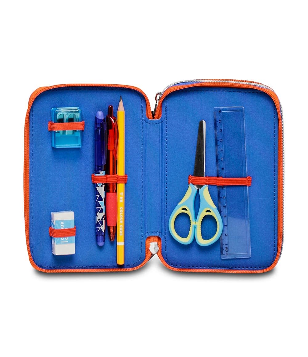 Seven Sonic Astuccio Scuola Elementare 3 Scomparti, COME AND GET ME, Blu Rosso, Contenuto 43 pz, Completo di Matite, Penne, Pennarelli, Portapenne Scuola Bambino Elementari