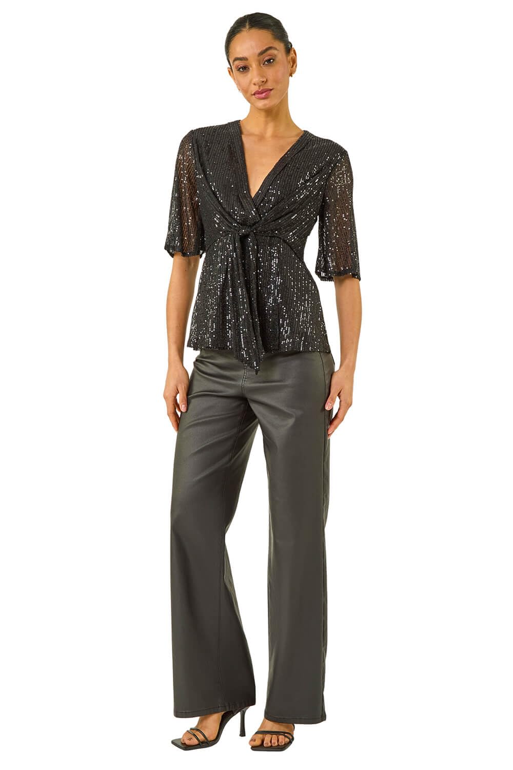 Roman Originals Sequin Tie Front Stretch Top for Women UK - Ladies Everyday Autumn Winter V-Neckline Comfy Soft Evening Vacation Work Party Night Out - Black - Size 8