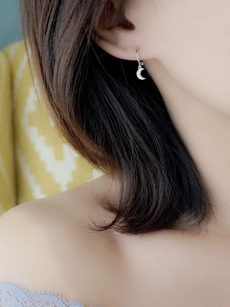 Dainty Moon Star Small Hoop Earrings Sterling Silver for Women Teen Girls Asymmetrical CZ Crystal Dangle Cartilage Tiny Huggie Hoops 8mm Jewelry - Image 3