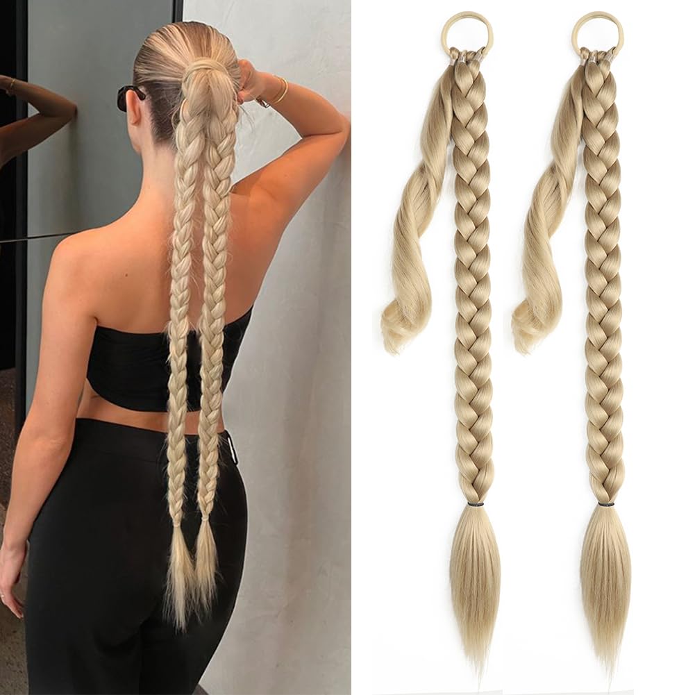 Braided Ponytail Extensions for Women Blonde Ponytail With Hair Tie Synthetic Hair Pieces Long Straight Sleek Wrap Around Hair Extension Pony tails 32 inch 27# Color 2pcs/lot
