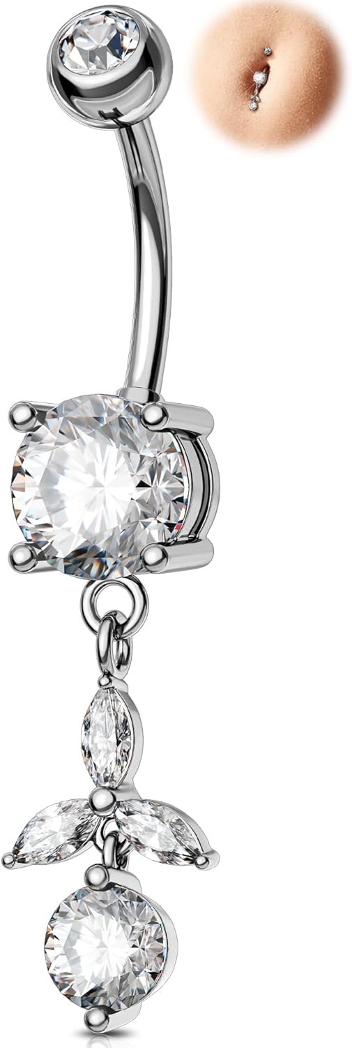Melighting 14G Dangle Belly Button Ring, Stainless Steel 316L Navel Piercing Barbell, CZ Clear Flower Belly Bar, 10 mm Silver Body Jewellery for Women