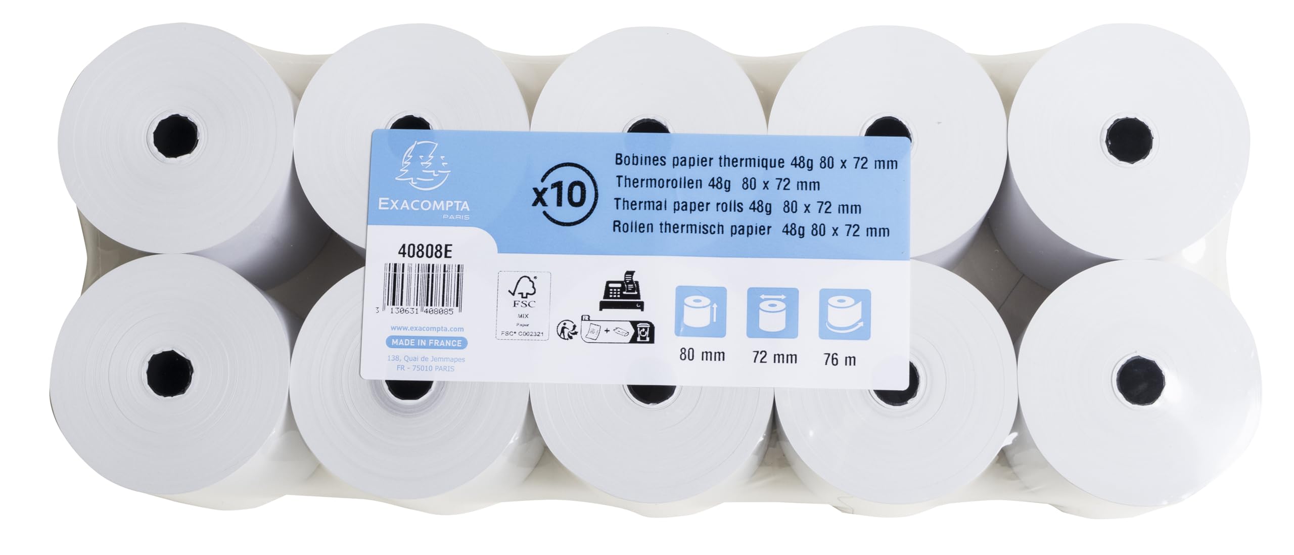 EXACOMPTA Lot de 10 Bobines caisse papier thermique 55g m/2 80 x 80 x 12 mm 78m