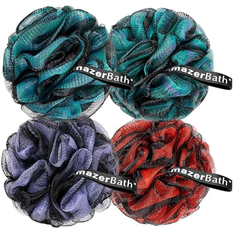 AmazerBath Charcoal Loofah Sponge, Shower Loofah 60g/PCS - Body Scrubber Loofa Set of 4 - Charcoal Blue, Green, Purple & Red, Bath Sponge for Men and Women Cover